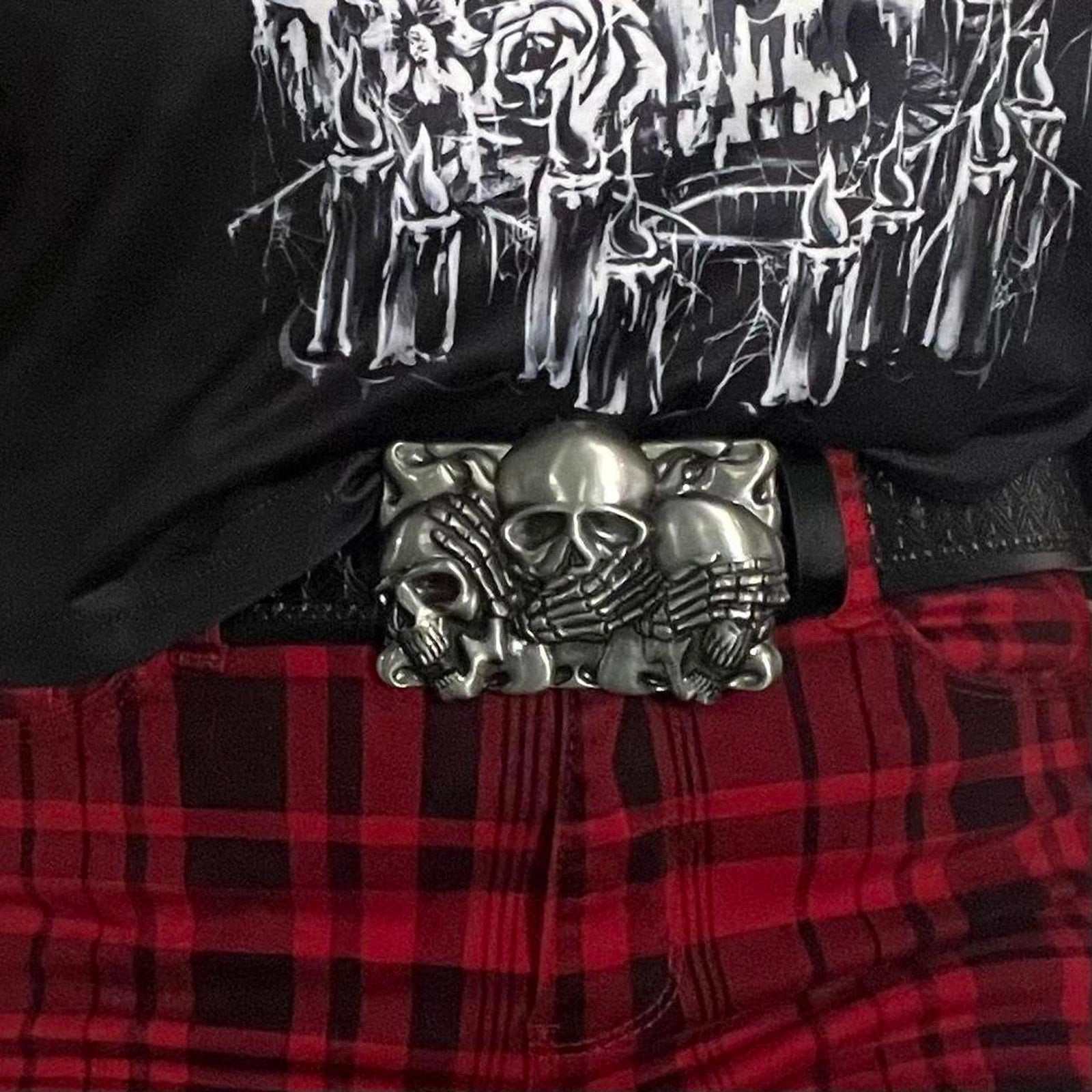 TornSlayer Skull Belt with "Three Wise Skulls" buckle, gothic punk faux leather.