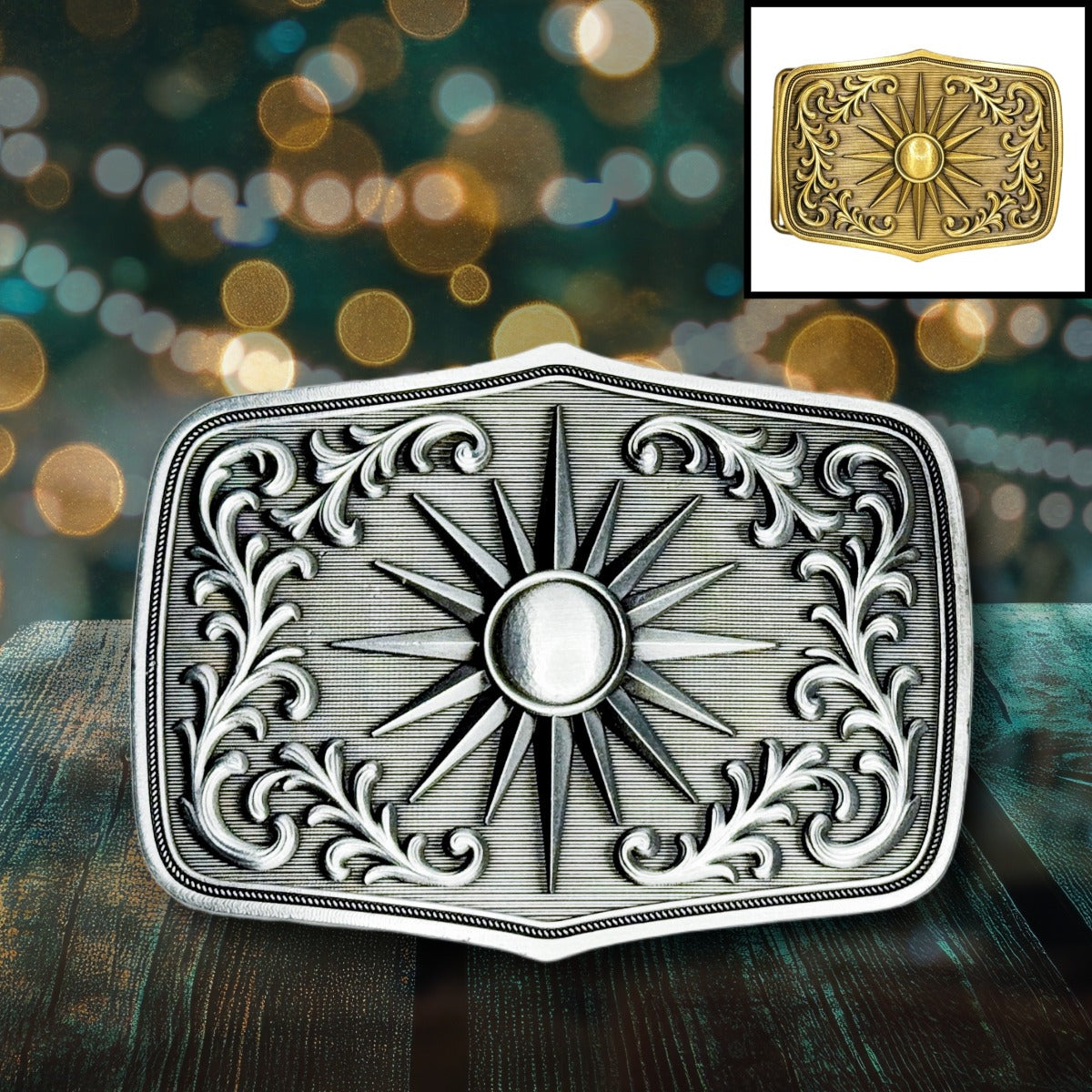 Antique silver boho sunburst belt buckle with floral engravings and vintage finish