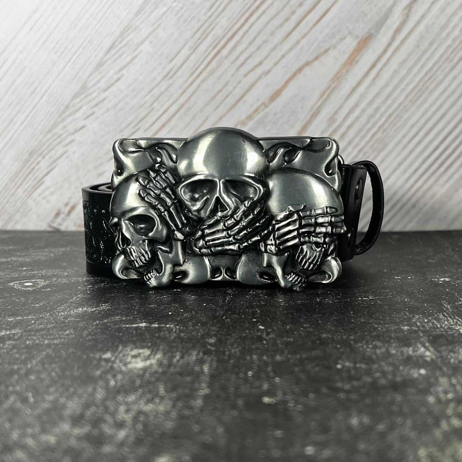 Gothic punk TornSlayer skull belt with "Three Wise Skulls" buckle, faux leather, unisex.