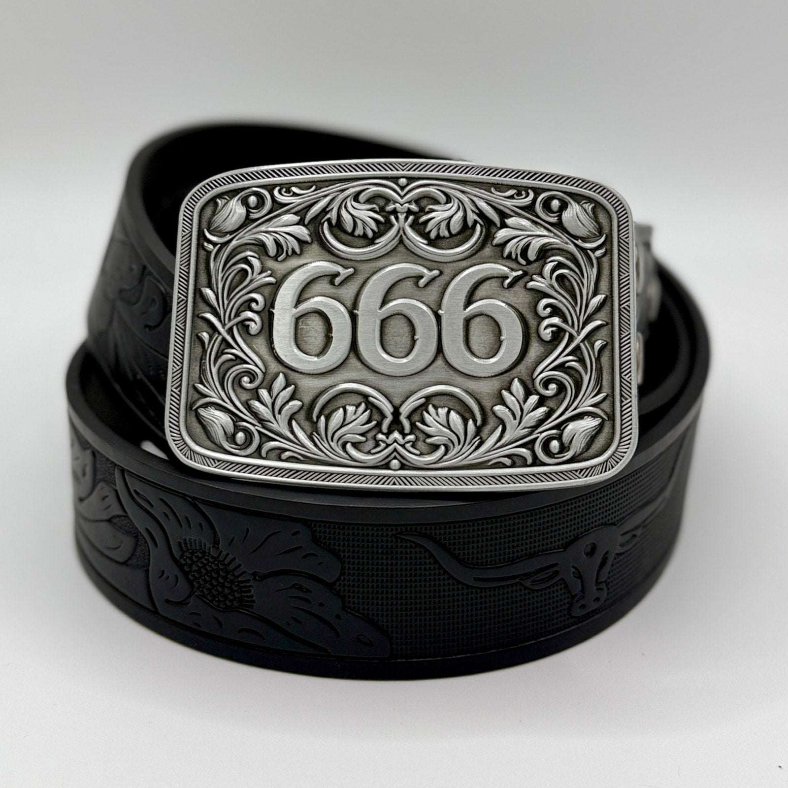 TornSlayer Silver 666 Western Buckle with Black PU Leather Snap-On Belt.