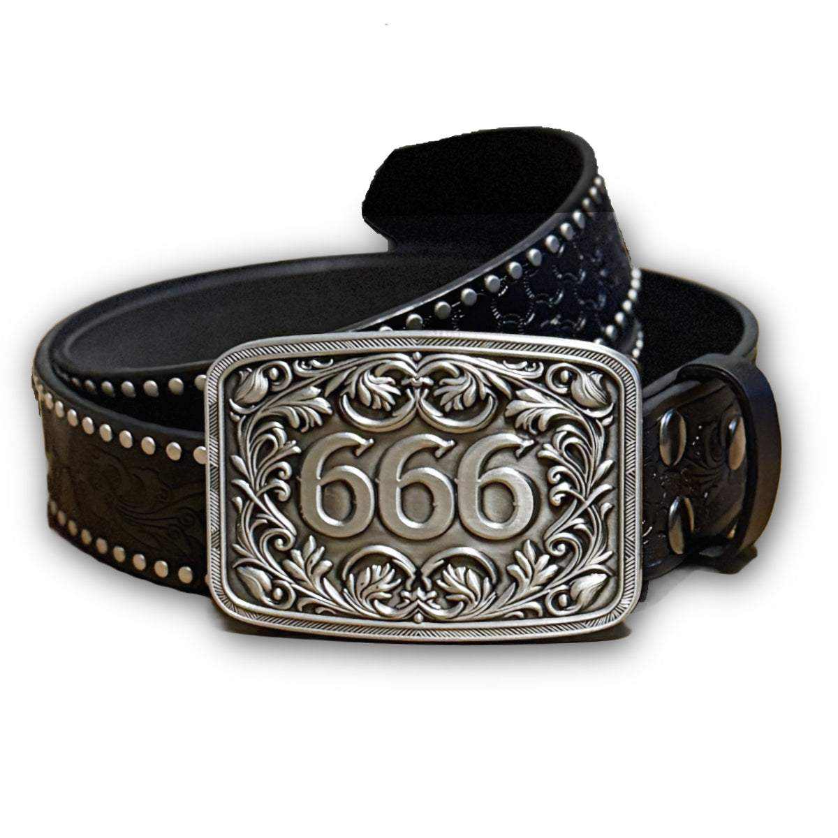 Studded Gothic belt with ornate 666 buckle and silver studs on black leather strap