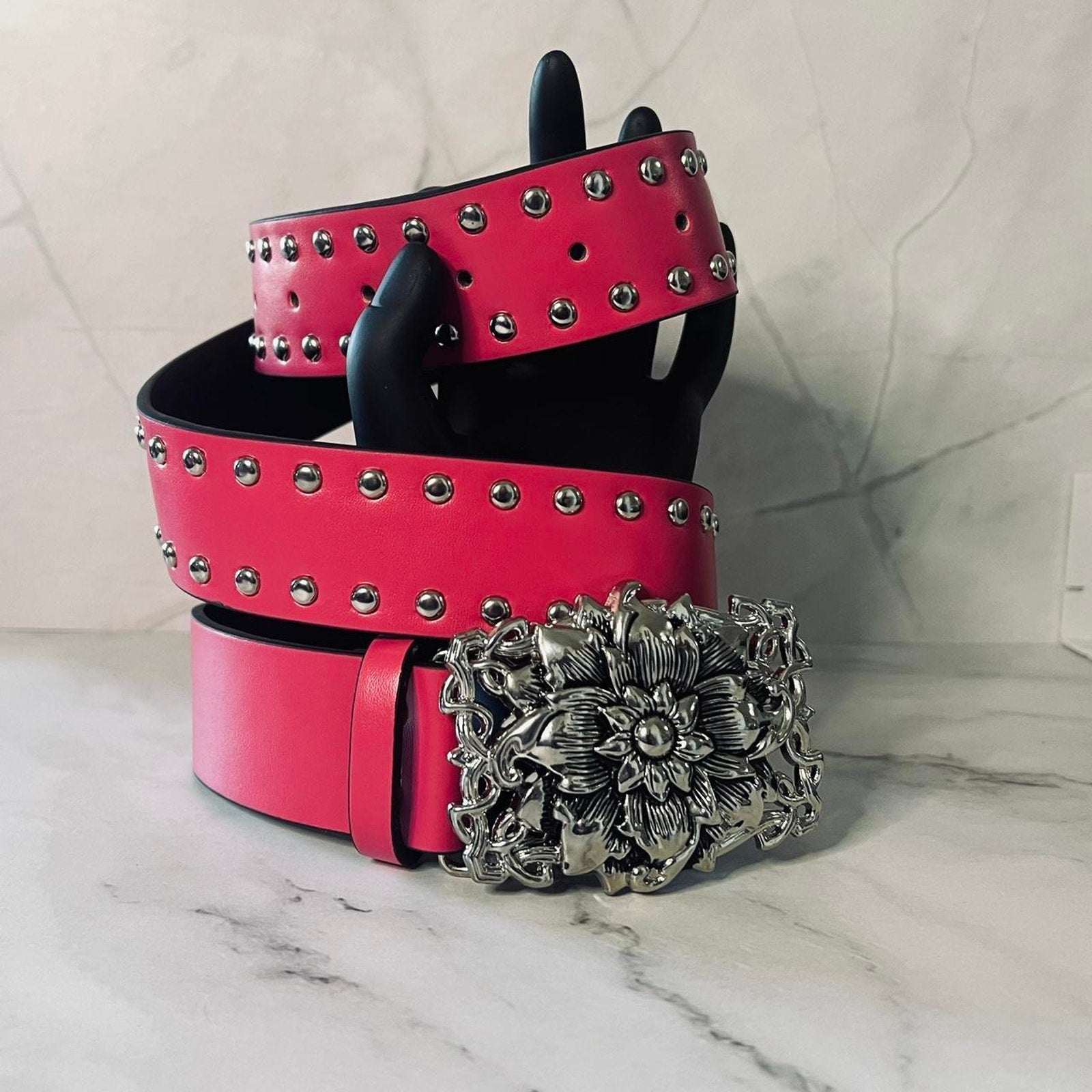 Studded Hot Pink Flower Buckle - One Piece Belt