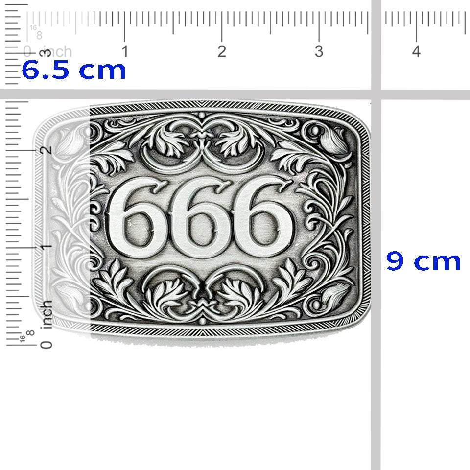 666 Buckle with floral scrollwork design, 6.5 cm x 9 cm.