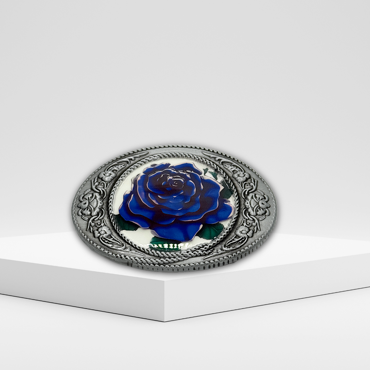 Blue Rose Belt Buckle with 3D antique silver frame and floral center.