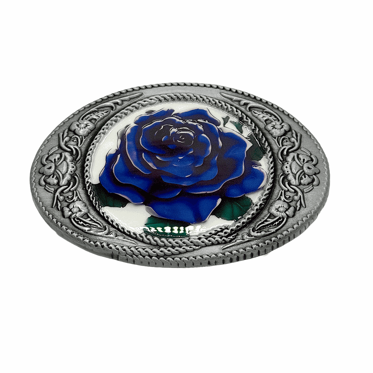 Blue Rose Belt Buckle with 3D Antique Silver Frame and Floral Center