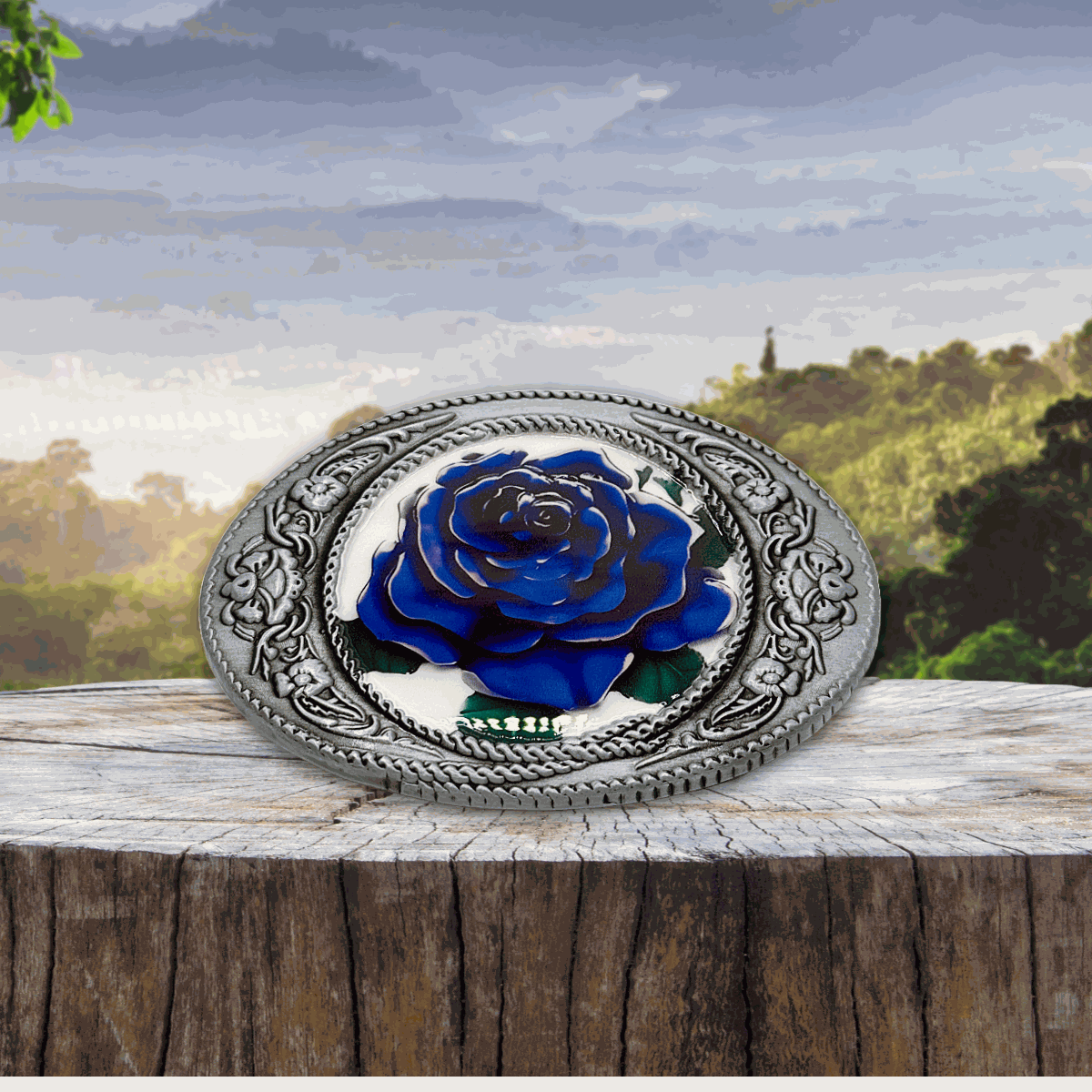 Blue Rose Belt Buckle with 3D antique silver frame and floral center.