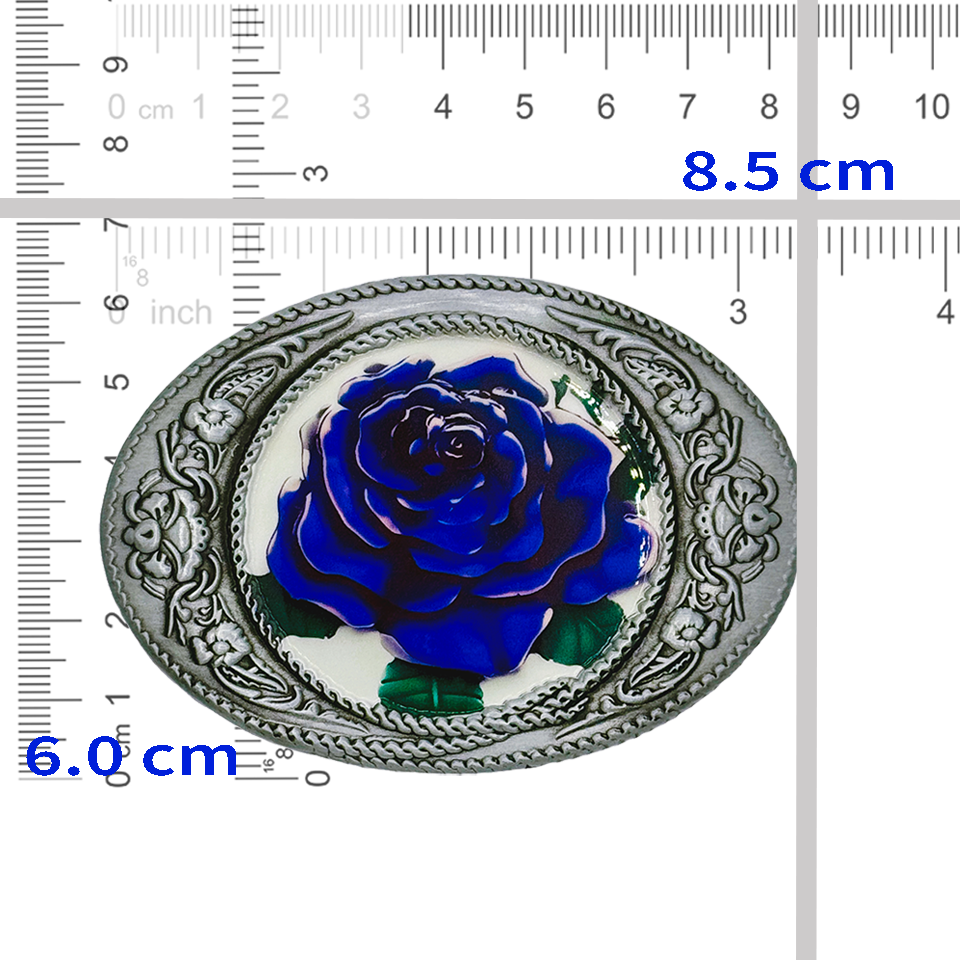 Blue Rose Belt Buckle with vintage silver frame and floral design, measures 8.5cm by 6.0cm.