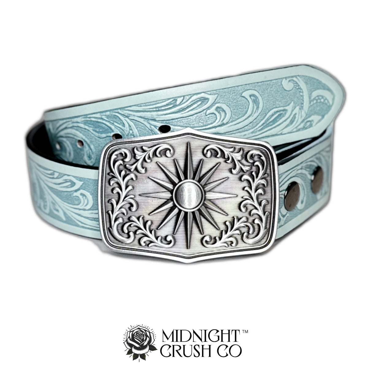 Sky blue western belt with silver sun buckle and decorative embossing