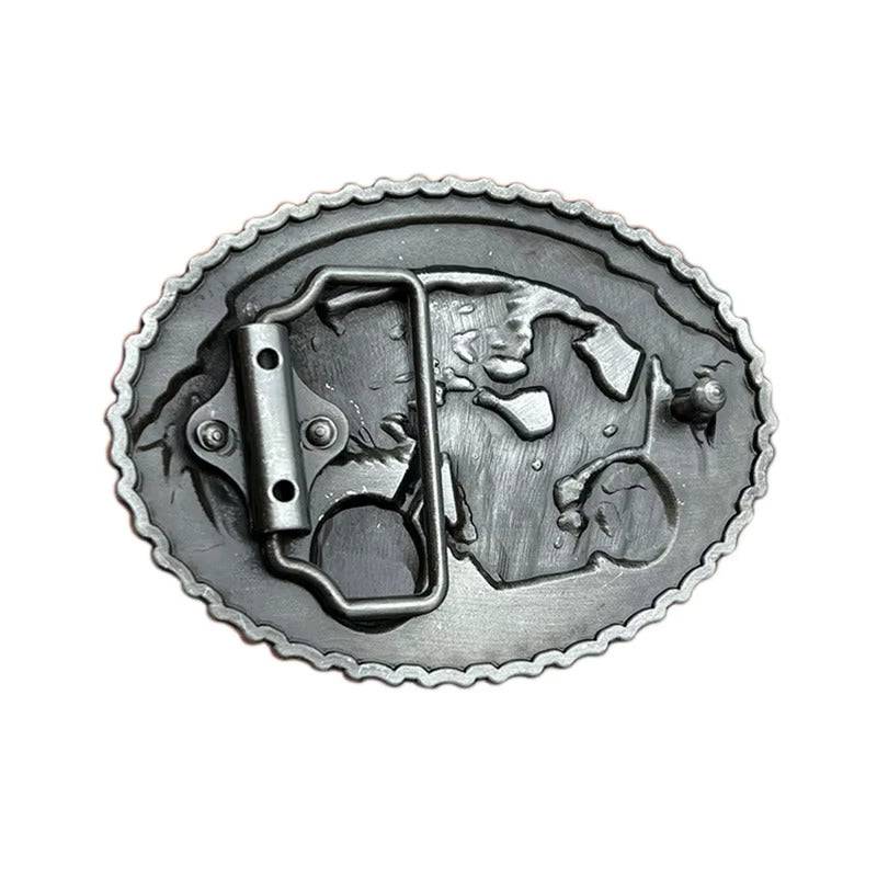 Motorcycle skull buckle with chopper rider and wolf design in silver-tone metal.
