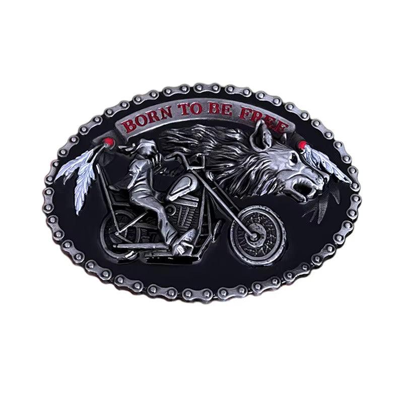Iron Born Free Belt Buckle with chopper rider and wolf design, rugged silver-tone, motorcycle chain border, "Born to Be Free" engraving.