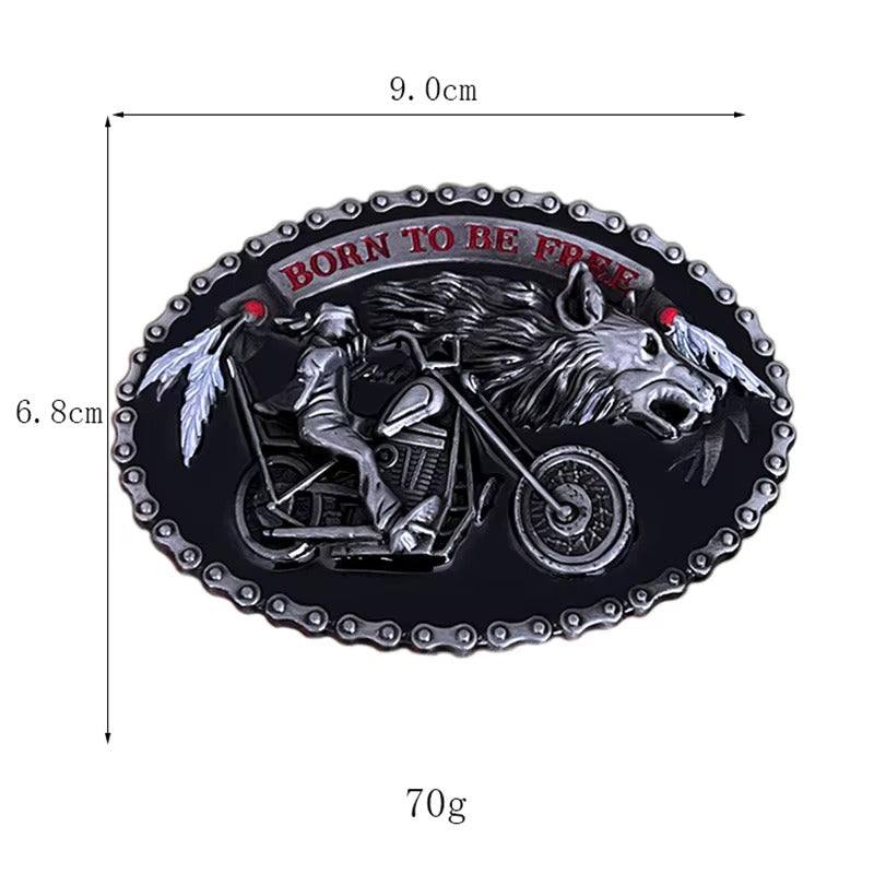 Motorcycle Skull Buckle with chopper rider and wolf design in silver-tone metal, "Born to Be Free" engraving.