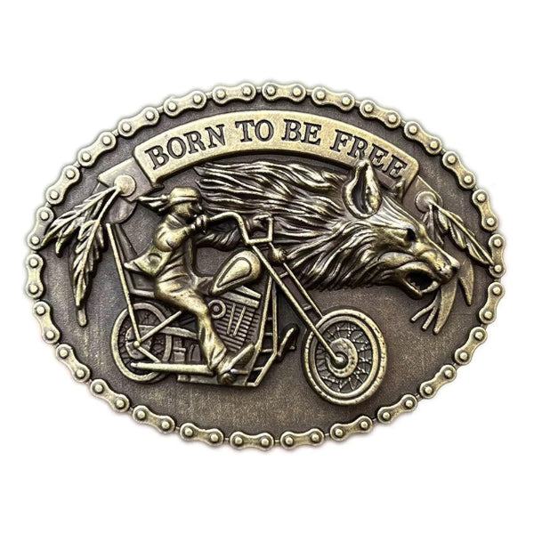 Motorcycle Skull Buckle with biker and wolf design, "Born to Be Free" engraved, silver-tone metal.