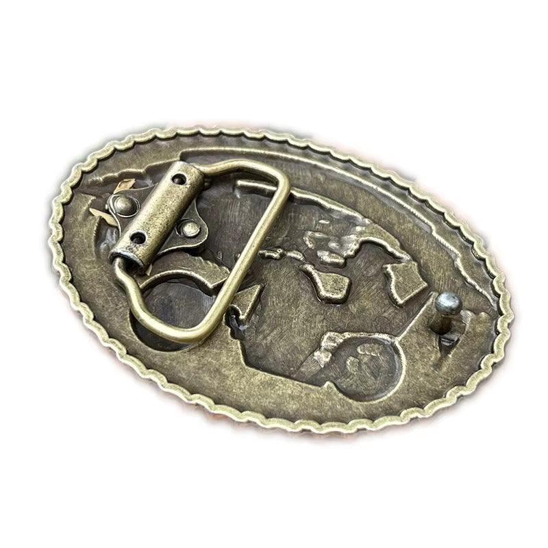 Motorcycle skull buckle with chopper rider and wolf design in rugged silver-tone.