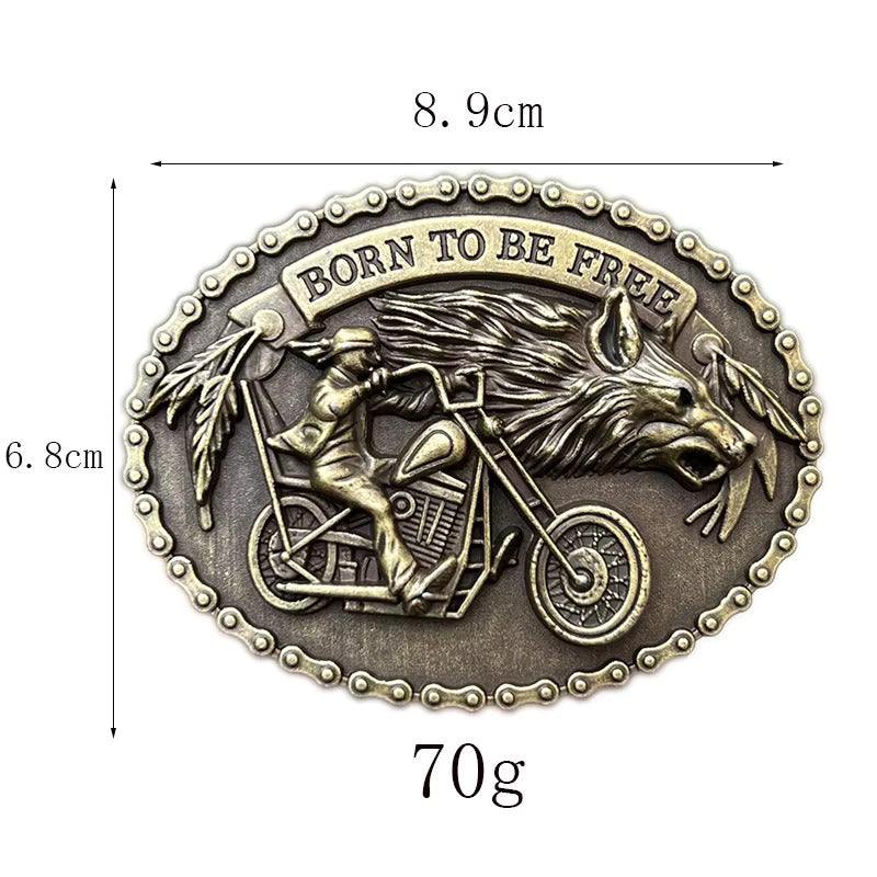 Rugged silver-tone motorcycle skull buckle with chopper rider and wolf design.