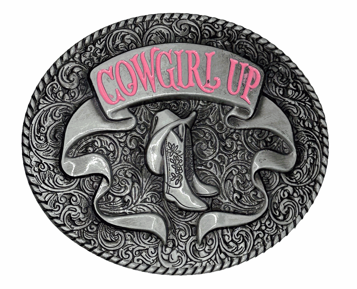 Pink Cowgirl Up belt buckle with cowboy boots and decorative floral engraving