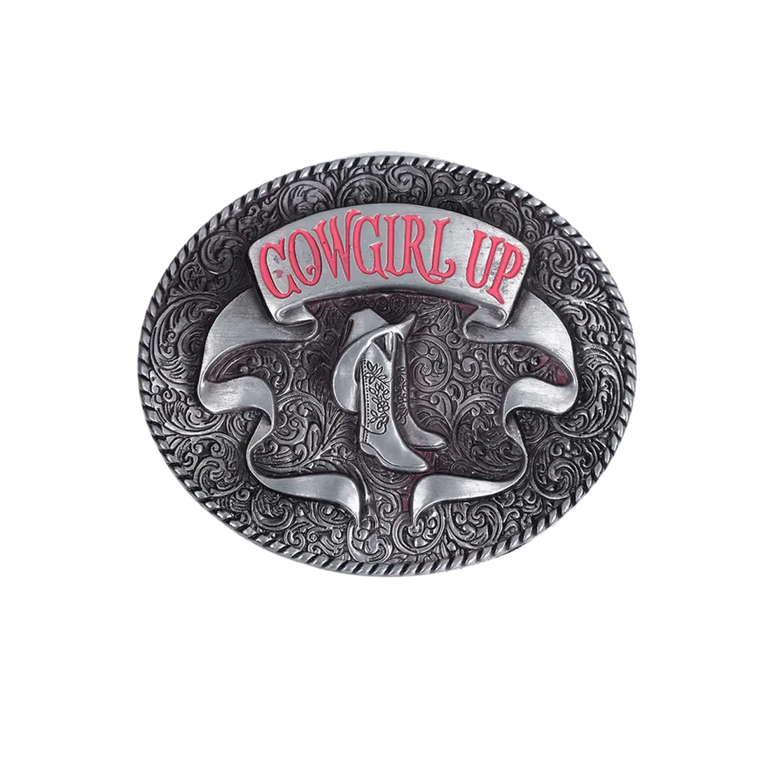 Cowgirl Up Boots Belt Buckle with Western lettering and scrollwork design.