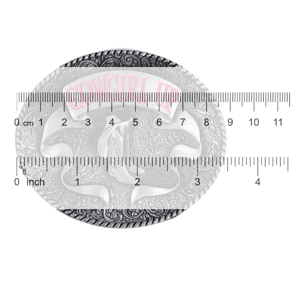 Cowgirl Up Buckle with Western lettering and scrollwork design, fits standard belts.