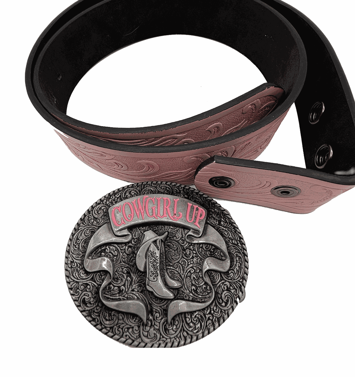 Pink faux leather tooled western belt strap with snap-on feature.
