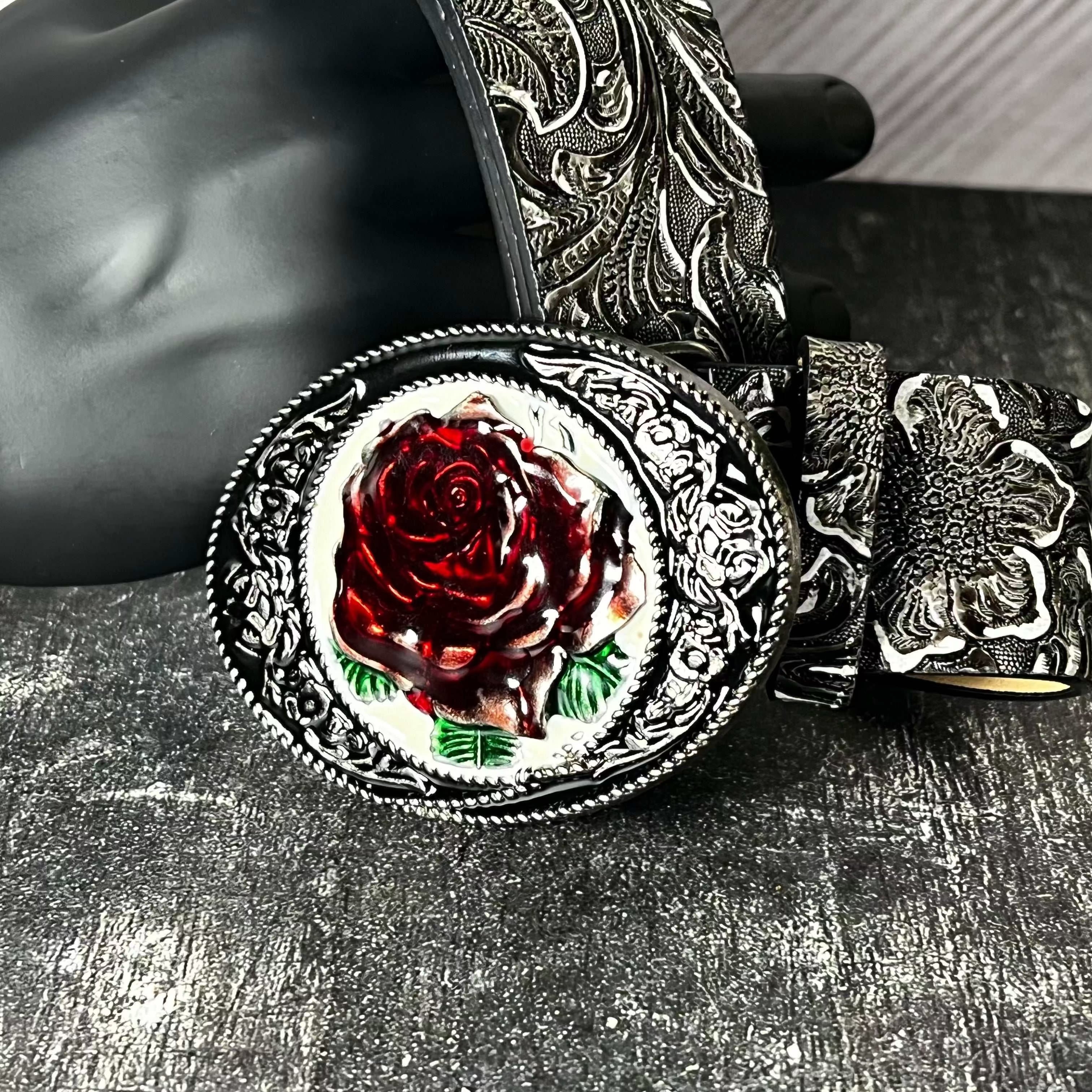 Vintage rose flower belt buckle in red and antique silver colors