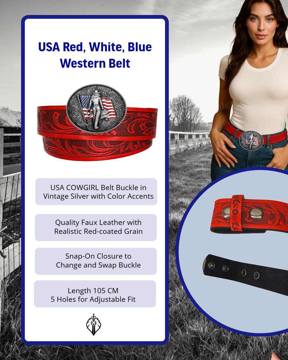 Red American Crush Western Belt with intricate scroll tooling and silver cowgirl and USA flag buckle