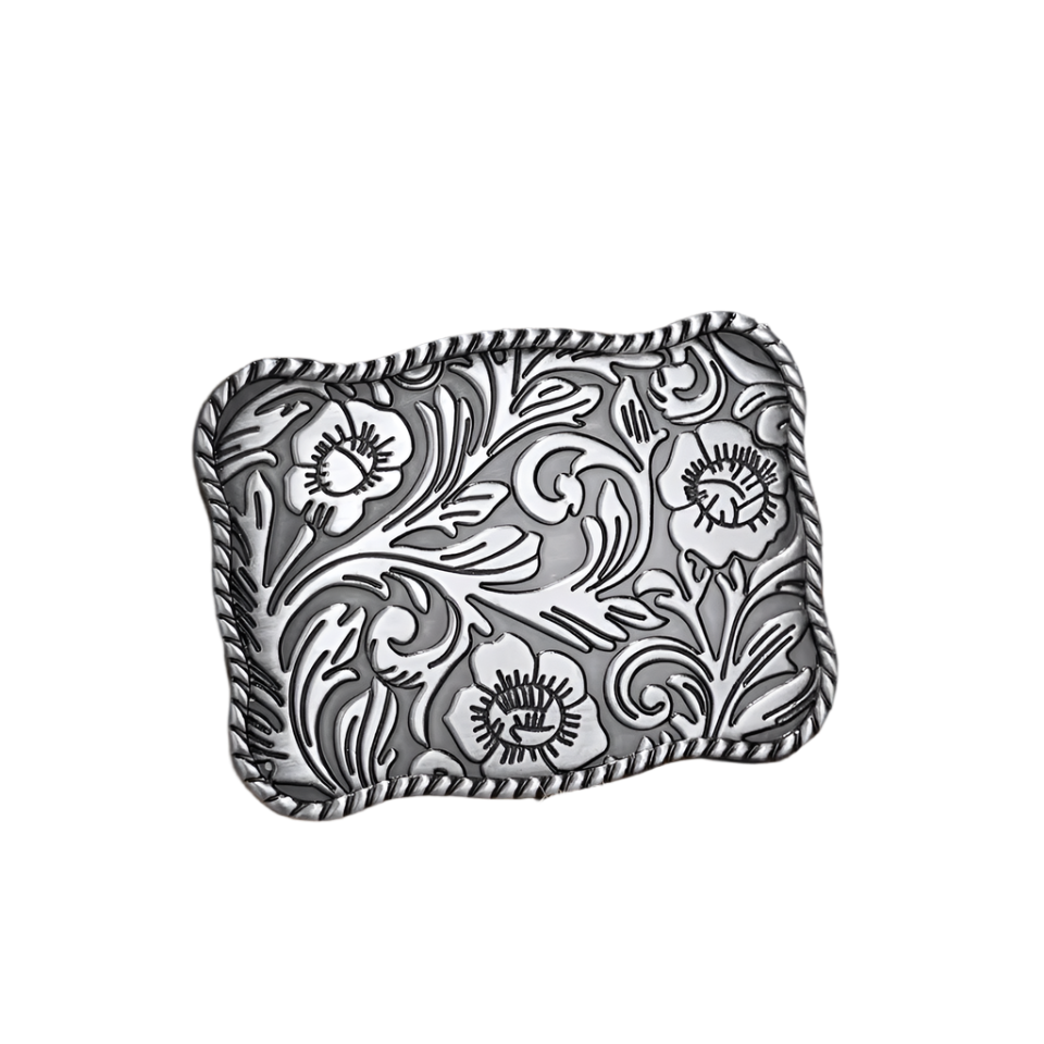 Vintage-inspired floral belt buckle with embossed detailing and silver-tone finish.