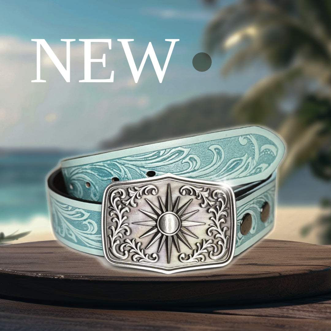 Sky blue western belt with silver sun buckle and intricate designs on strap