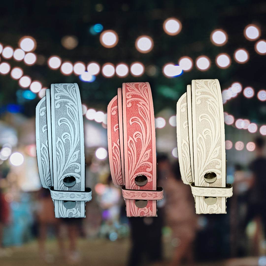 Light blue faux leather belt strap with floral western design, vegan and interchangeable buckle strap.