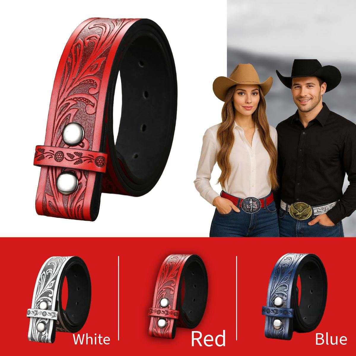 Red tooled faux leather western belt strap with snap-on buckle, styled by man and woman in cowboy hats