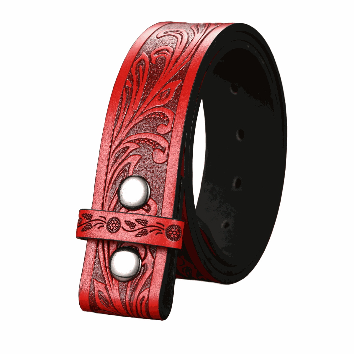 Red tooled faux leather western belt strap with snap-on buckle and floral design