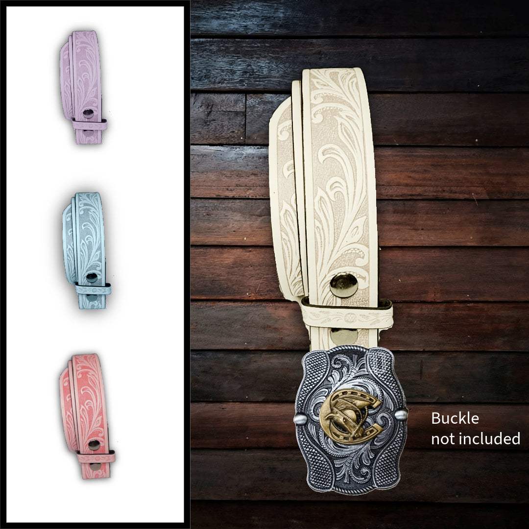 Light blue faux leather belt strap with floral design and snap end for buckle swapping, western and boho style, vegan leather