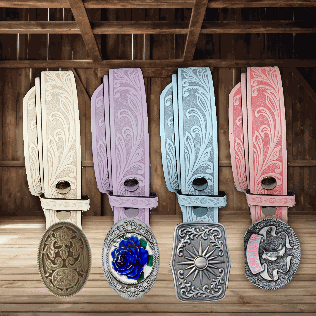 Light blue faux leather Western belt strap with floral design and snap end ready for buckle swap.