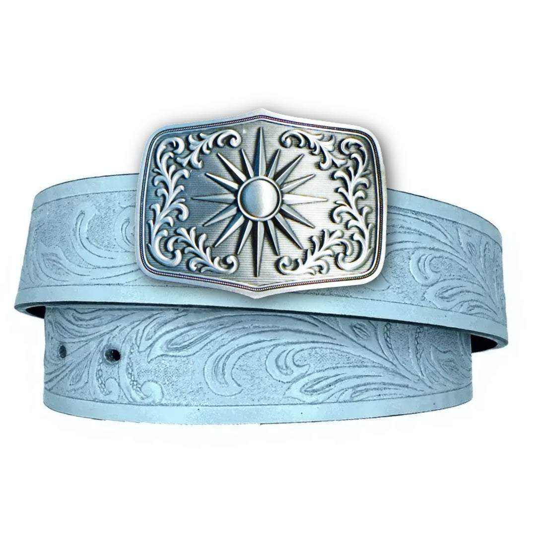 Light blue faux leather belt strap with floral embossing and silver western buckle