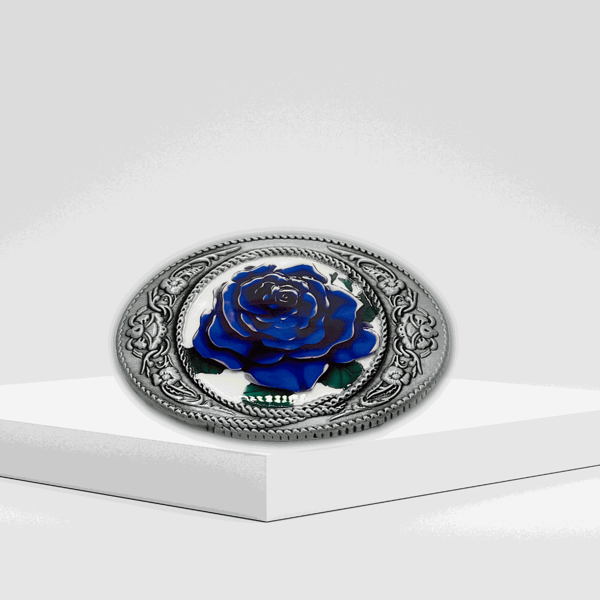 Blue Rose Belt Buckle with Western vintage 3D antique silver frame and flat floral center.