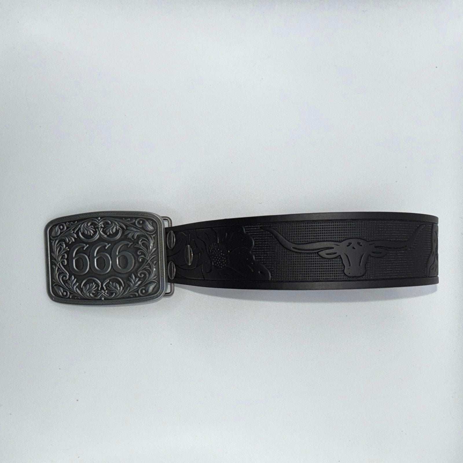 TornSlayer Silver 666 Western Buckle with Black PU Leather Snap-On Belt