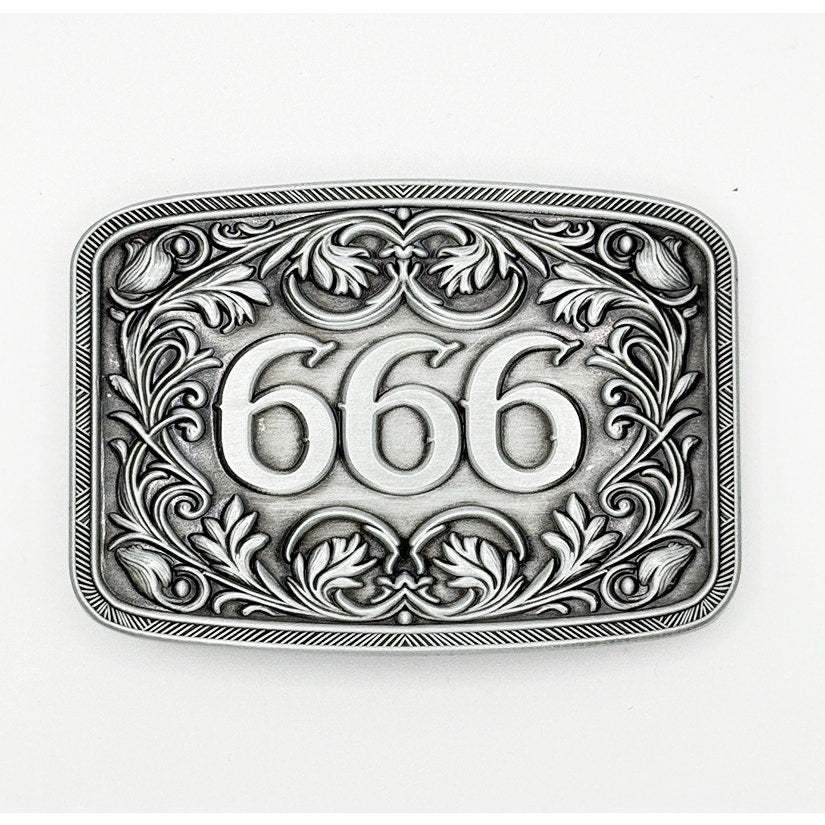 666 Buckle with engraved centerpiece and floral scrollwork.