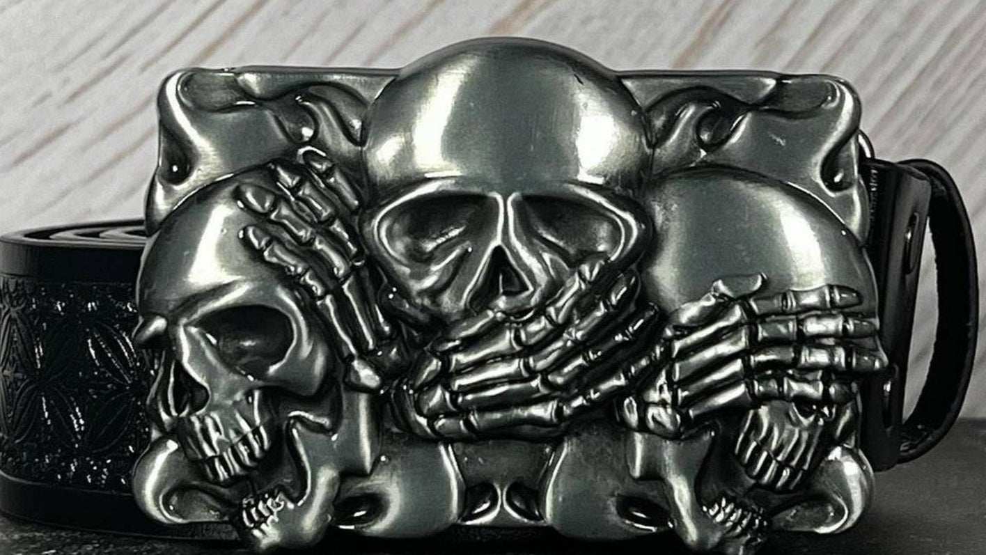 TornSlayer Skull Belt with "Three Wise Skulls" Buckle, Gothic Punk Faux Leather Unisex Accessory.