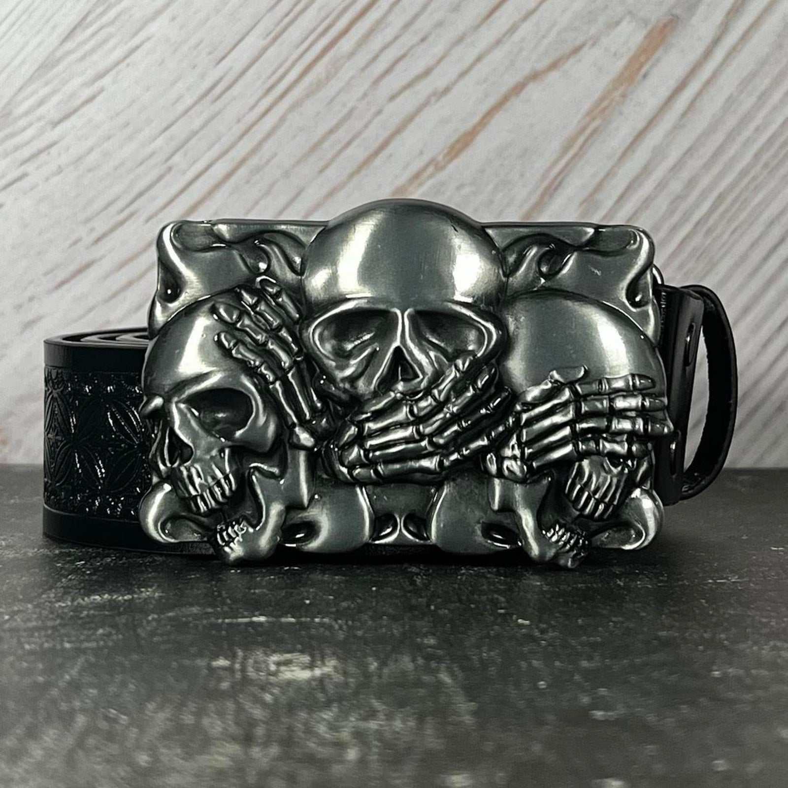 Gothic punk faux leather belt with "Three Wise Skulls" buckle by TornSlayer.