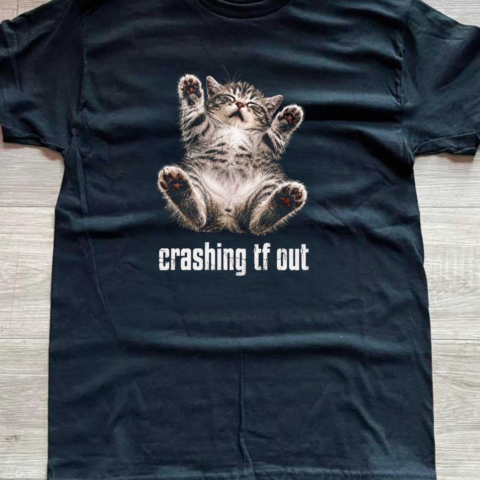 Crashing tf out black t shirt Gildan medium size 100% cotton front view