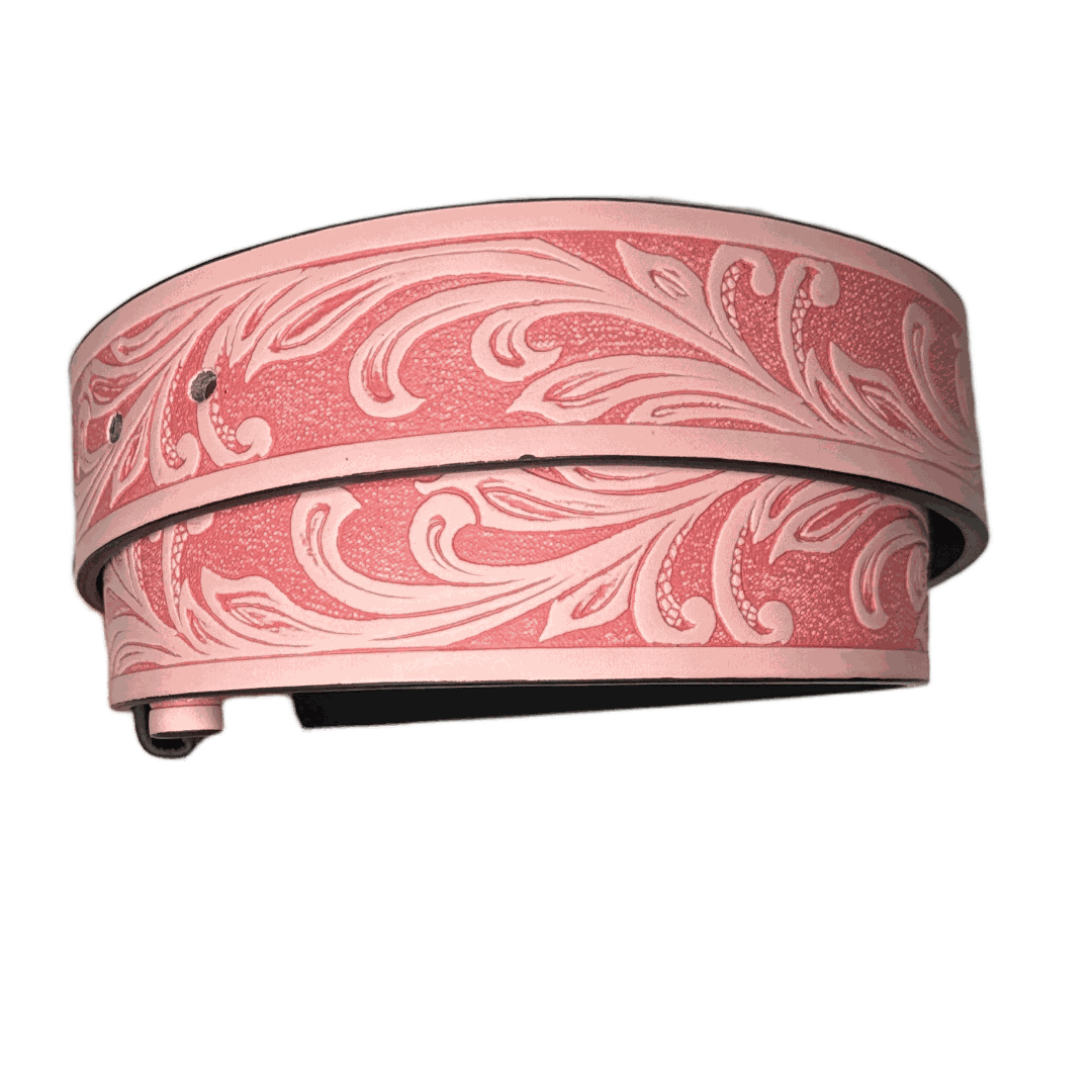 Pink Cowgirl Up Belt with embossed western scroll patterns and animal-friendly faux leather
