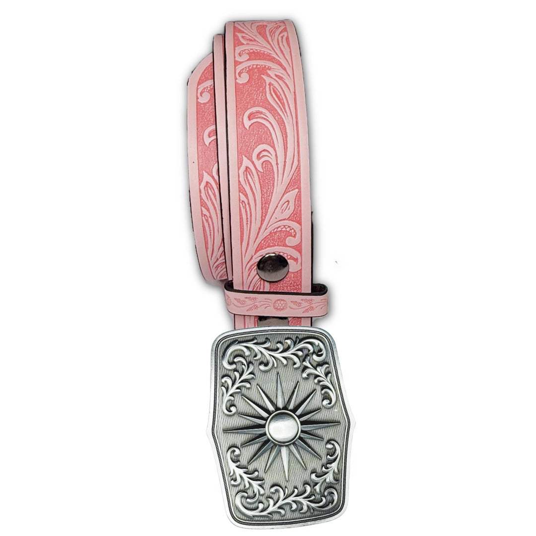 Pink Western-Boho belt with embossed floral strap and solid sunburst metal buckle