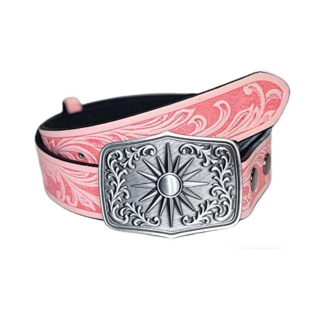 Pink Western-Boho belt with engraved sunburst metal buckle and decorative floral strap design