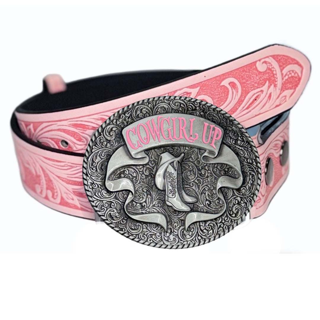 Pink Cowgirl Up belt with embossed western scroll patterns and silver oval buckle featuring boot design and pink lettering