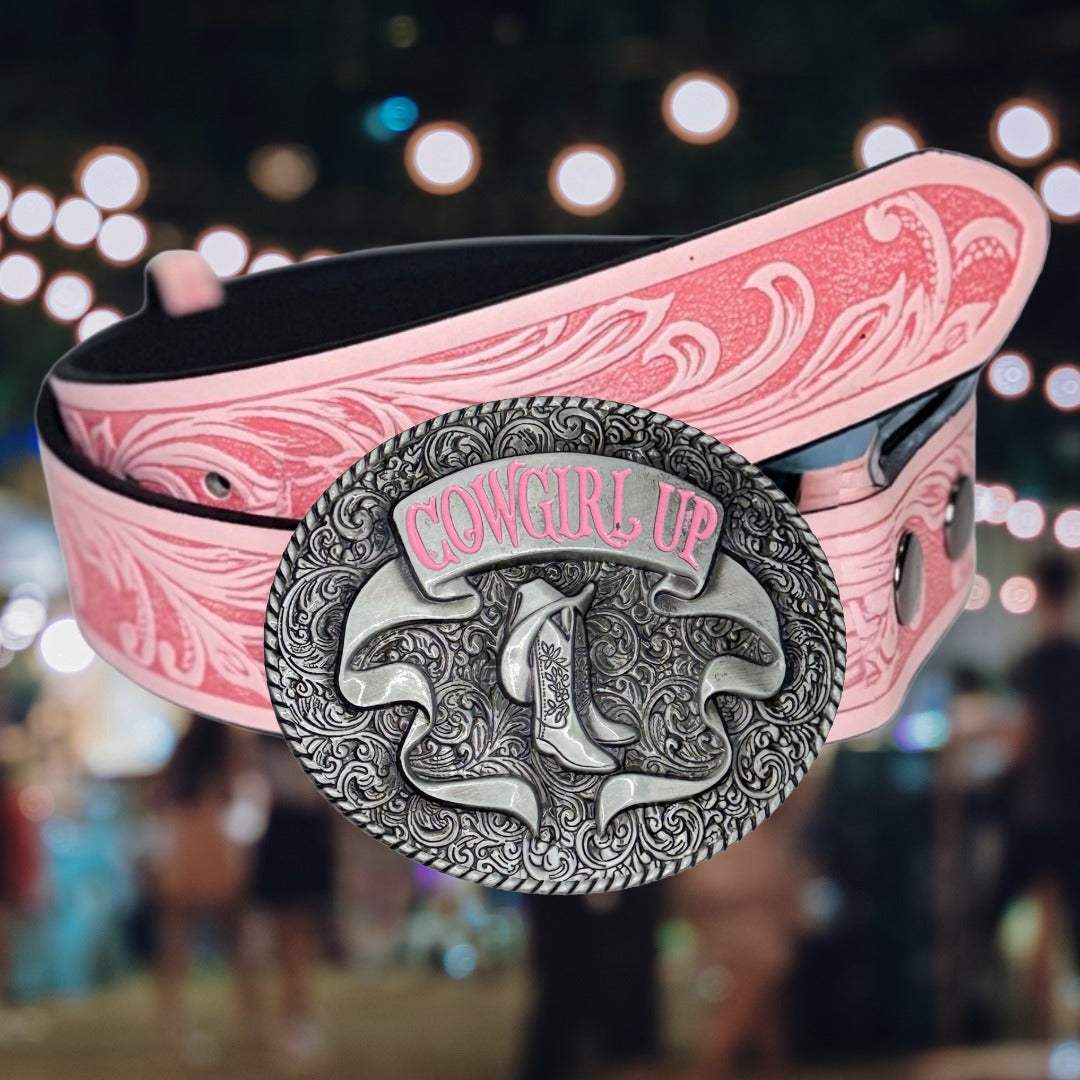 Pink Cowgirl Up Belt with detailed silver oval buckle and embossed western scroll pattern on faux leather