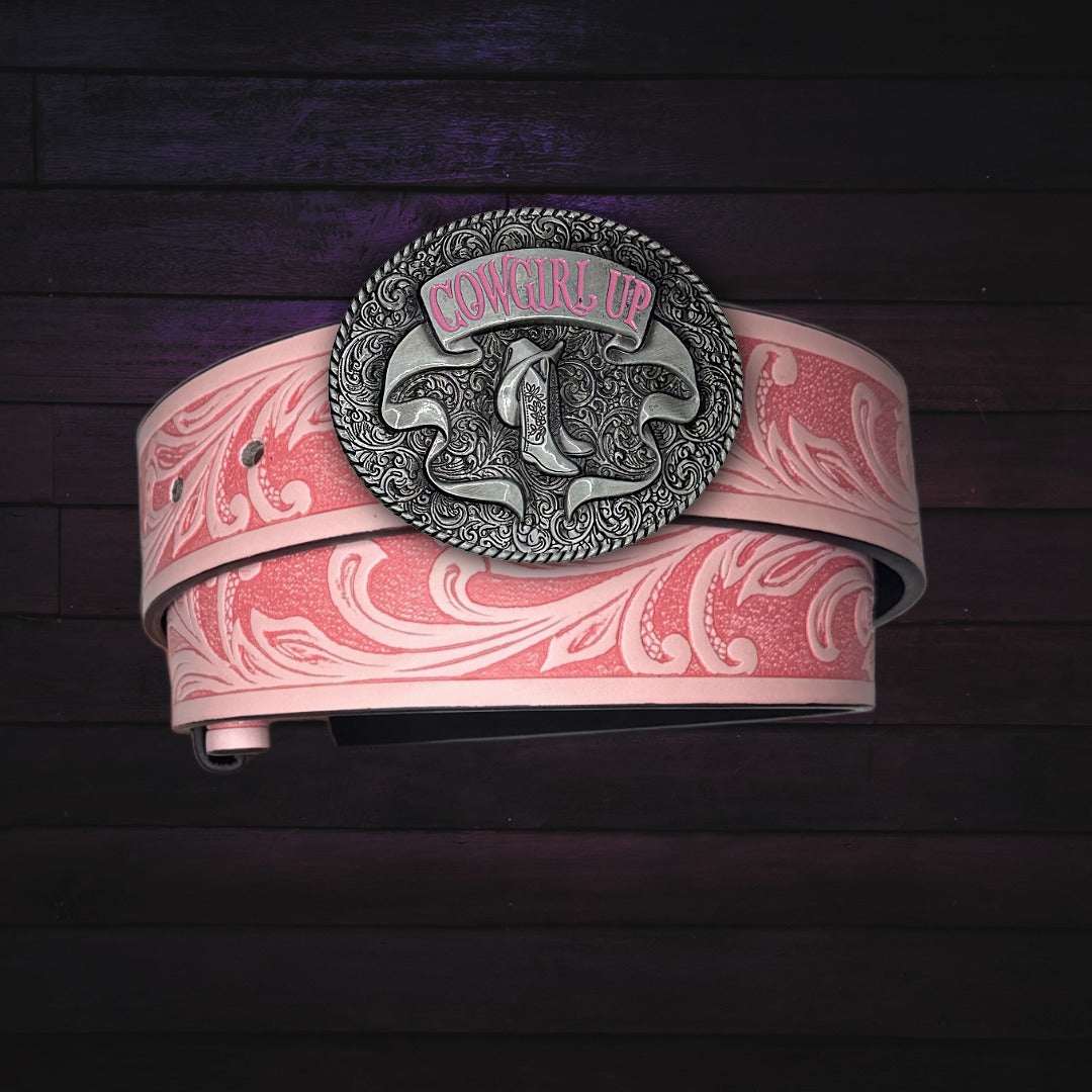 Pink Cowgirl Up Belt with embossed faux leather and ornate silver buckle featuring cowboy boots and pink lettering