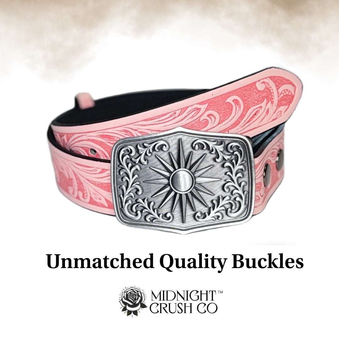 Pink Western-Boho belt with solid sunburst metal buckle and decorative strap pattern