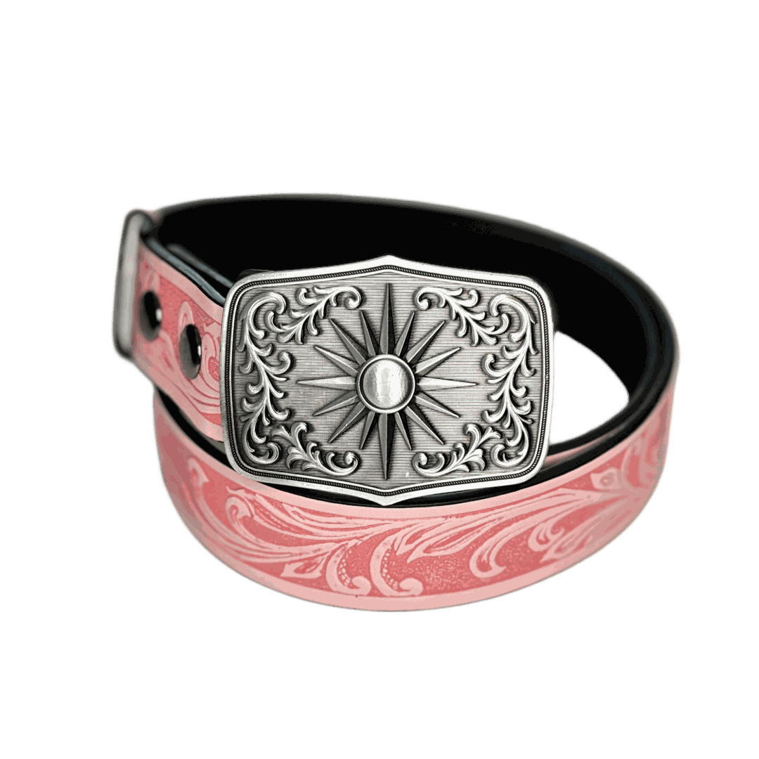 Pink Western-Boho belt with silver sunburst solid metal buckle and decorative embossed strap design