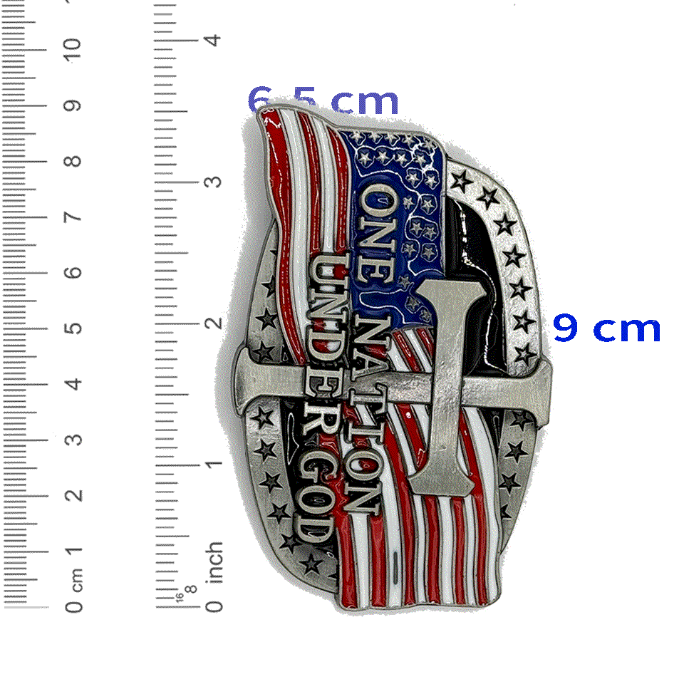 USA with Cross Belt Buckle featuring American flag and "One Nation Under God" text, 9 cm height.