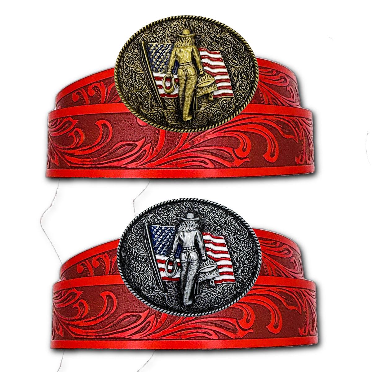 Red Western belt with embossed scrollwork and detailed oval buckle featuring cowgirl and American flag design, silver snap hardware, and matte red finish, American Crush Western Belt