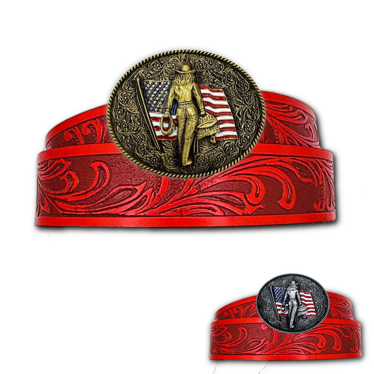 Red American Crush Western Belt with embossed design and patriotic cowboy buckle