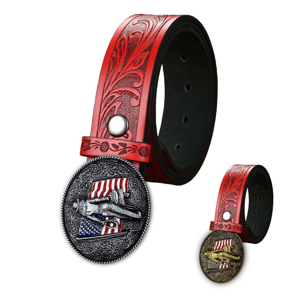 Red American Crush Western Belt with embossed floral design and detailed silver buckle featuring cowboy boots and American flag